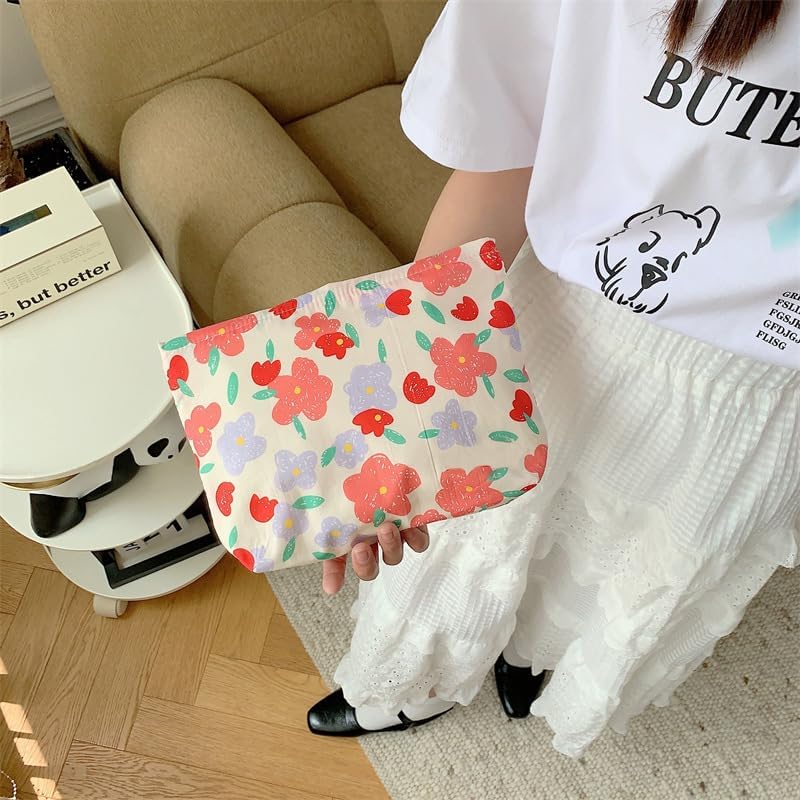 Floral Makeup Bag Large Cotton Zipper Pouch for Purse Travel Canvas Make Up Organizer for Women Cosmetic,Flower Pink