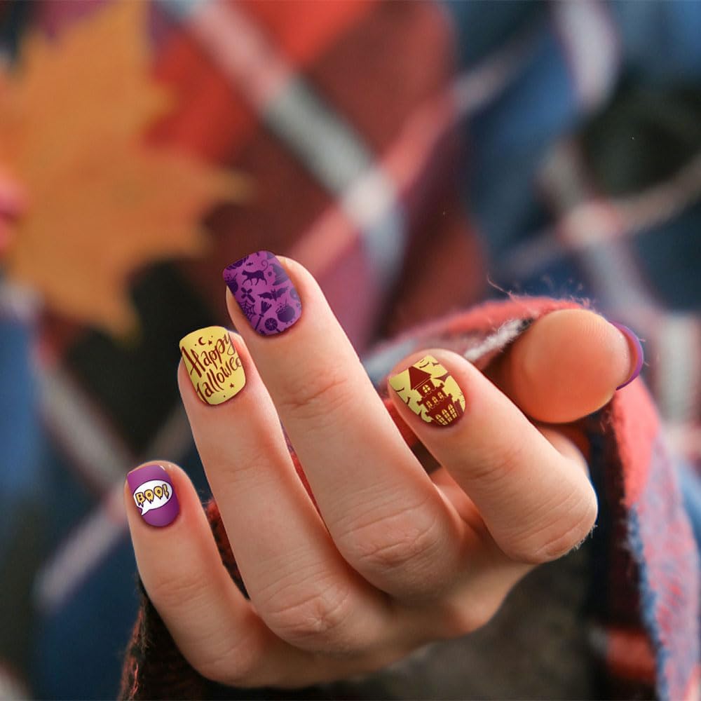 ALIBBON 6 Pcs Halloween Nail Stamping Plates Set, Ghost Pumpkin Background Nail Art Stamp Templates, Cat Spider Web Stamp Templates Kit, Castle Grave Metal Nail Plates for DIY Printing Decor