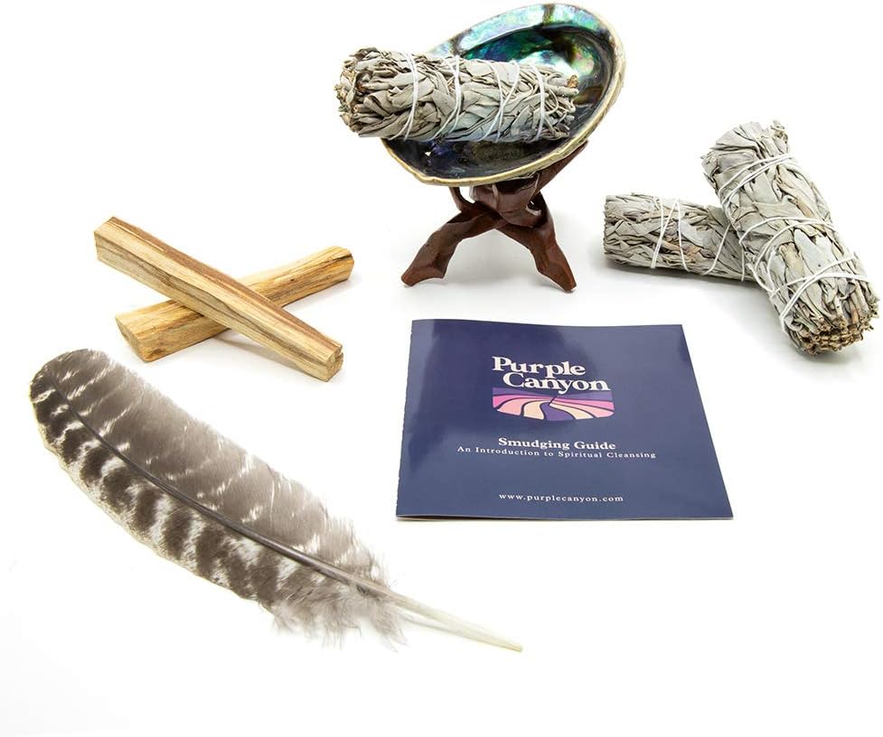 Purple Canyon Smudge Kit (Beginner's Gift Set) - 3 White Sage Smudge Sticks, 2 Palo Santo, Abalone Shell, Smudge Feather w/Stand + Smudging Guide for Home Cleansing & Healing Meditation Rituals