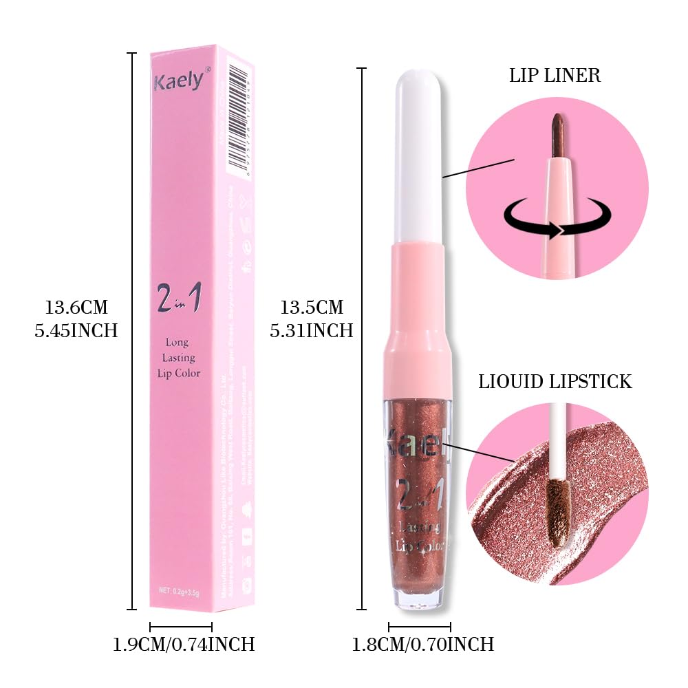Kaely 2-in-1 Brown Metallic Lipstick and Lip Liner, Shimmer Liquid Metallic Lipsticks for Women, Glitter Lip Gloss Stain Long Lasting Waterproof Smudge Proof 24 Hour, Vegan Makeup, 08