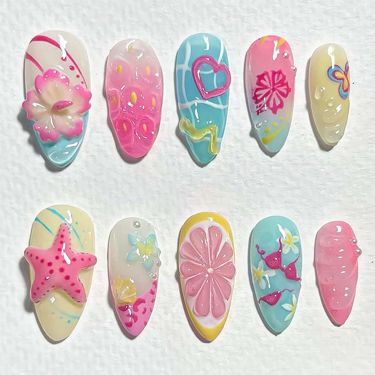 1 Sheets Summer Fruit Nail Stickers for Nails Art 5D Embossed Shell Starfish Nail Art Stickers Colorful Star Fish Jellyfish Self-Adhesive Design Summer Beach Nail Decals for Women Acrylic Manicure