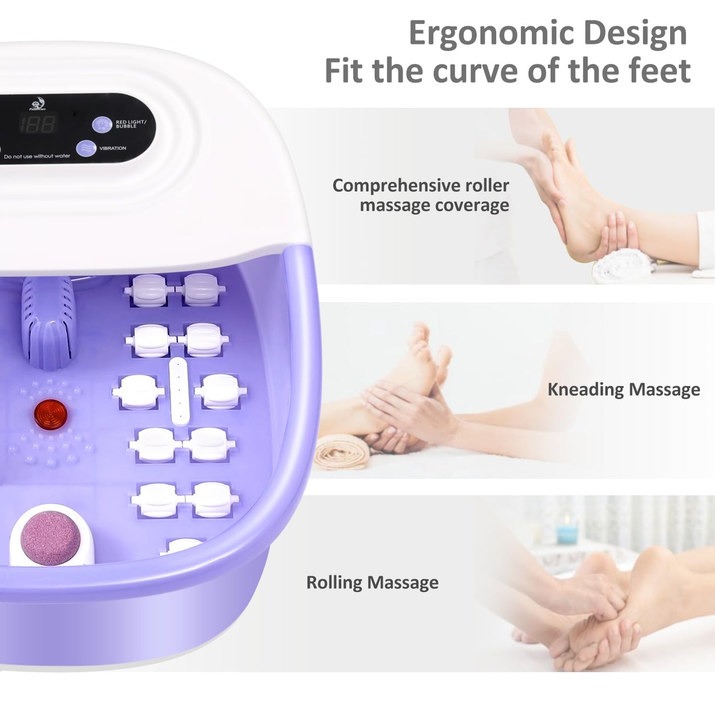 Foot Spa Bath Massager with Heat Bubbles and Vibration Massage and Jets, 16 OZ Tea Tree Oil Foot Soak Epsom Salt, Foot Soaker with Red Light, 22 Massage Rollers, Adjustable Temp -Purple