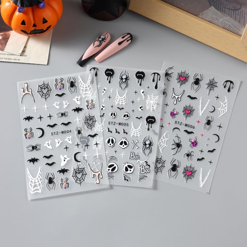 3 Sheet Halloween Nail Stickers Ghost Bat Spider Nail Decals 3D Self-Adhesive Spider Web Spooky Bat Spider Nail Art Stickers Design Gothic Nail Art Supplies for Holiday Acrylic DIY Nail Decoration