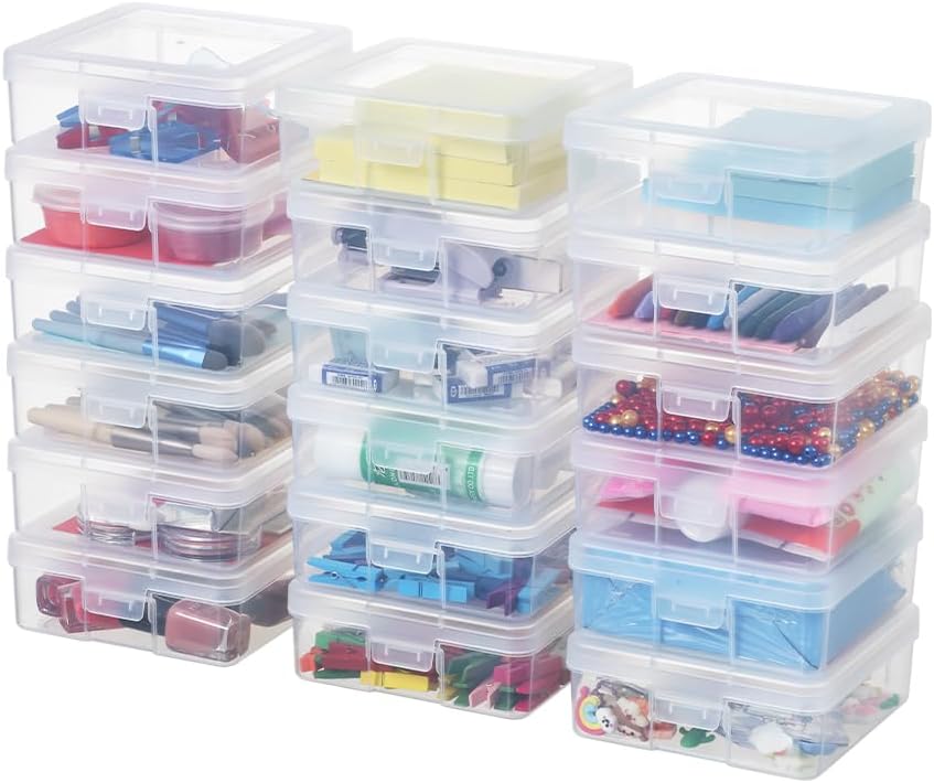 18 Pack Storage Containers with Latching Lid Small Size 5" x 5"x 1.9" Plastic Clear Boxes for Office,Beauty