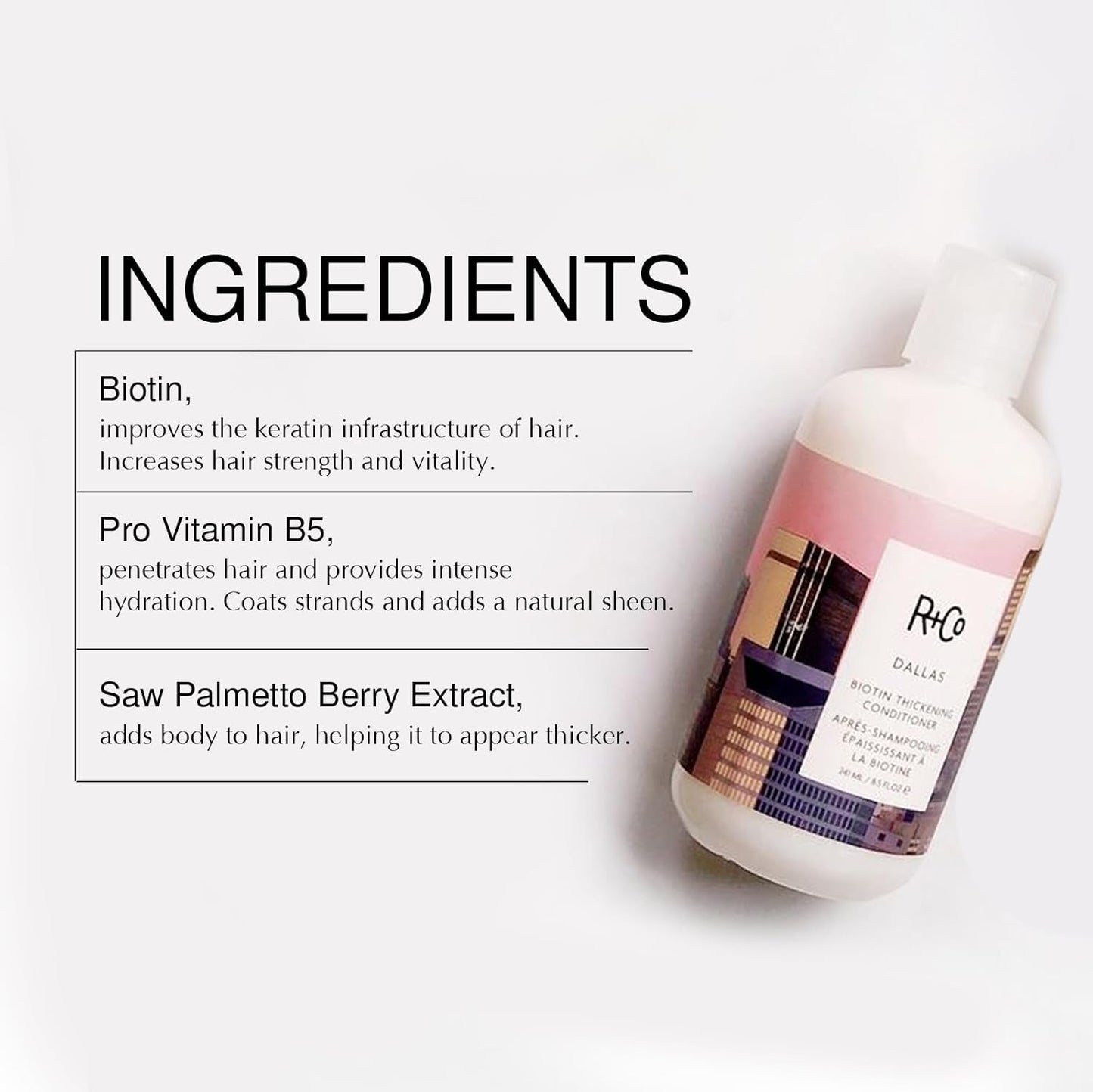 R+Co Dallas Biotin Hair Thickening Shampoo and Conditioner Set (8.5 Oz) + Deluxe Sample (.5 Oz) | For Hair Growth | Sulfate-Free | Vegan + Cruelty-Free |