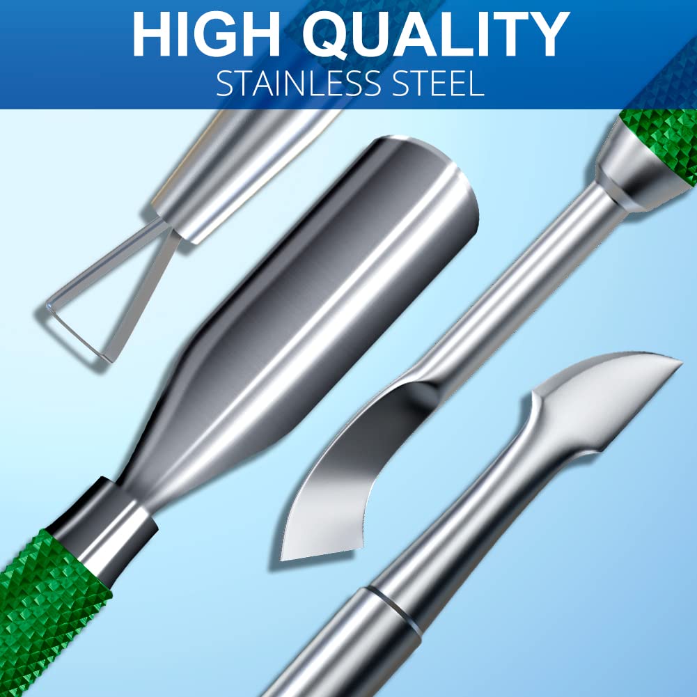 2PCS Metal Dark Green Cuticle Pusher and Cutter Remover Salon Quality Stainless Steel Gel Nail Polish Peeler Scraper Durable Manicure and Pedicure Cleaner Tool For Fingernail and Toenail