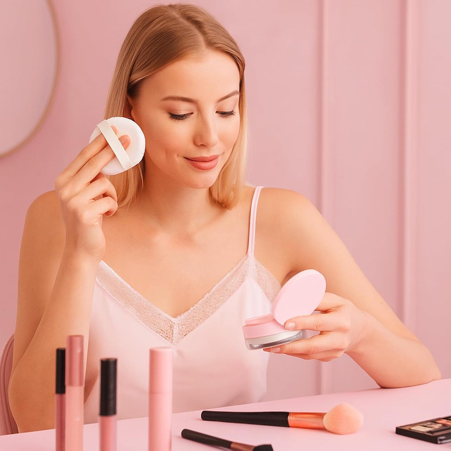 Loose Powder Cocntainers with Sponge Powder Puff and Mirror, No Leaks Empty Plastic Cushion Foundation Container Reusable Makeup Case with Lid