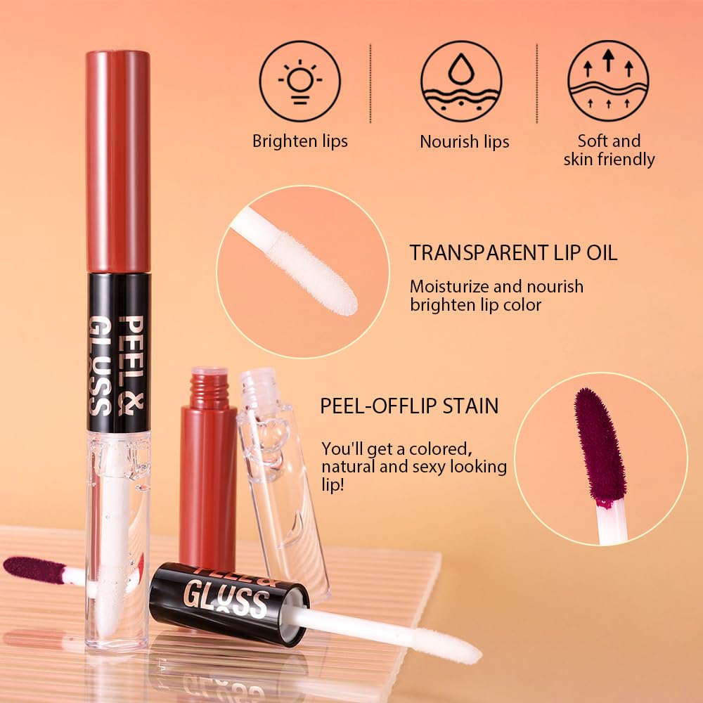 Brown Lip Stain Peel Off Lip liner and Lip oil with Tweezer, Dual-Ended Peel Off Lip Stain Tattoo, Highly Pigmented Long Lasting Waterproof, Transfer-proof for All Skin Types, 06#
