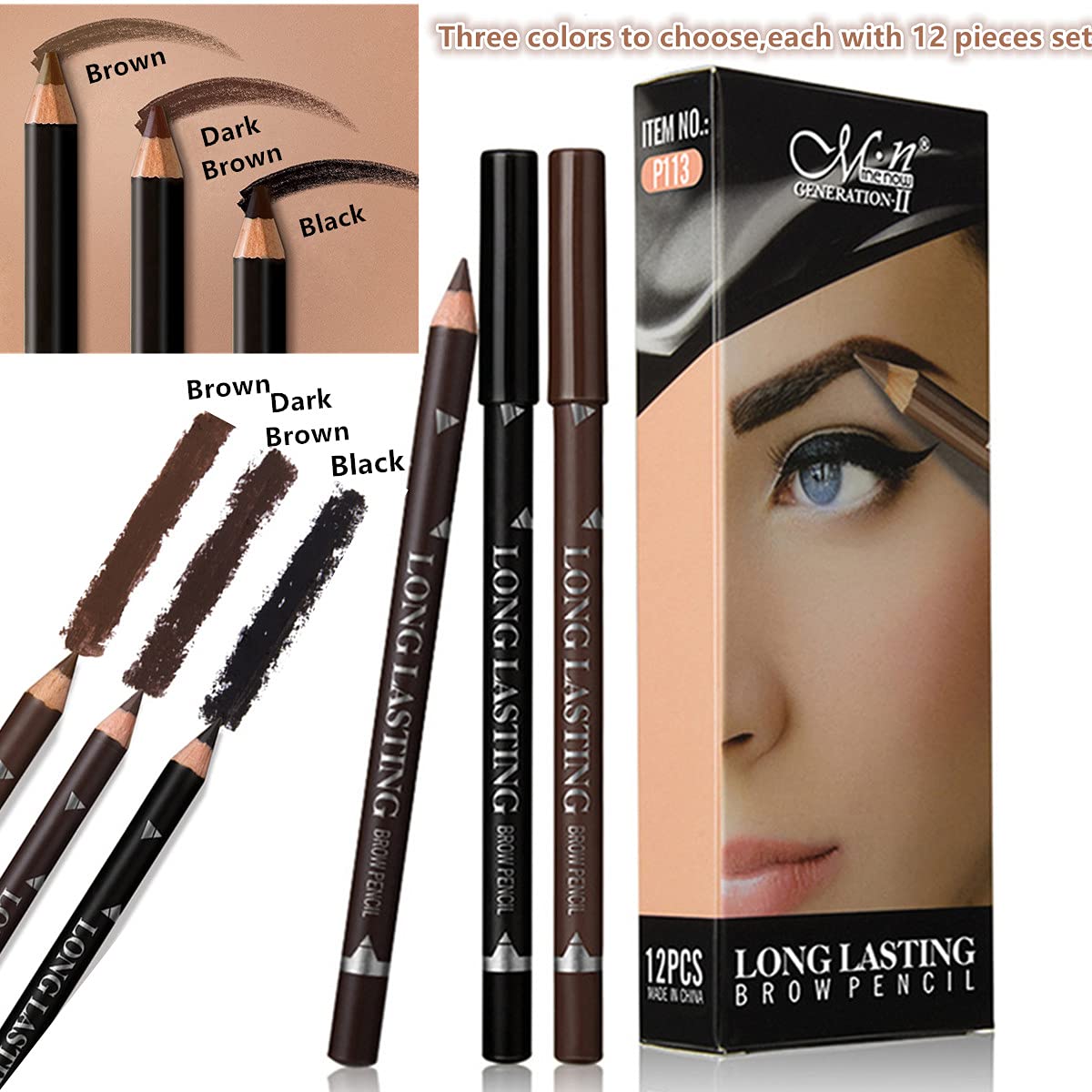 Go Ho 12 PCS Brown Eyebrow Eyeliner Pencils,Sweatproof Eyebrow Pencil,Long-lasting Nice Color Eye Brow Gel Pen Makeup Brow Tint Sticks(Medium Brown)