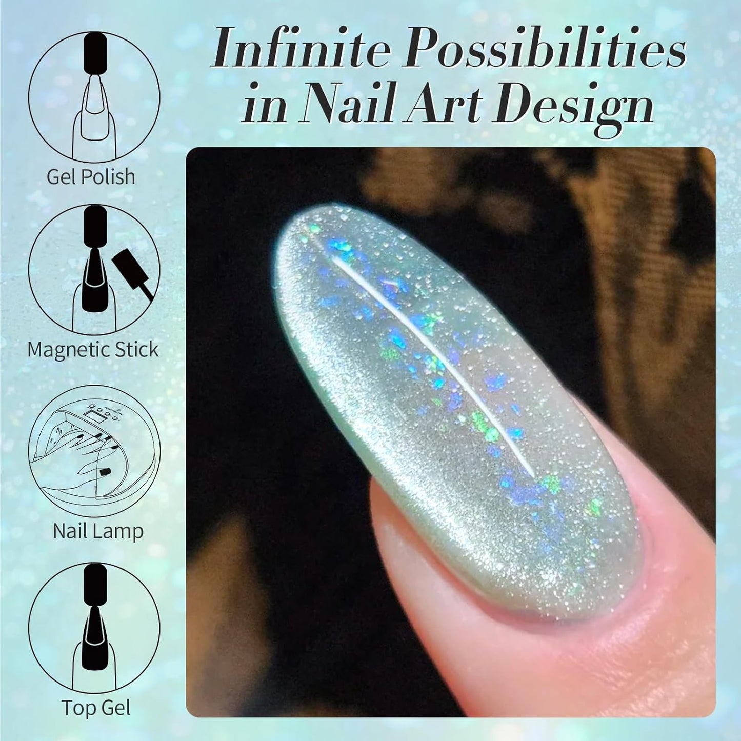 Born Pretty Green Cat Magnetic Eye Gel Nail Polish Shimmer Glitter Flakes Holographic Aurora Mint Green Magnetic Gel Polish Nail Art Manicure DIY at Home 15ML