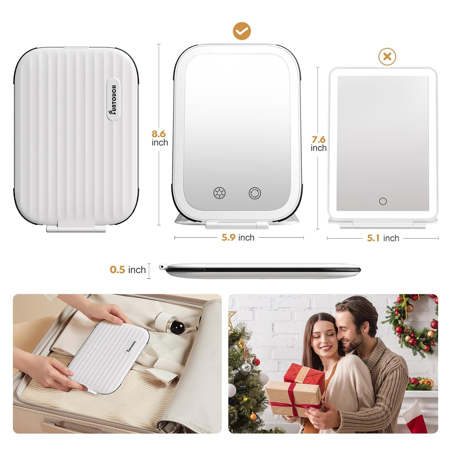 FUNTOUCH Rechargeable Travel Makeup Mirror with Lights and Small 10X Magnification,Light up Portable Vanity Mirror with 80 Leds,2000mAh Battery,Brightness Adjustable,3 Lighting, Dimming Compact Mirror