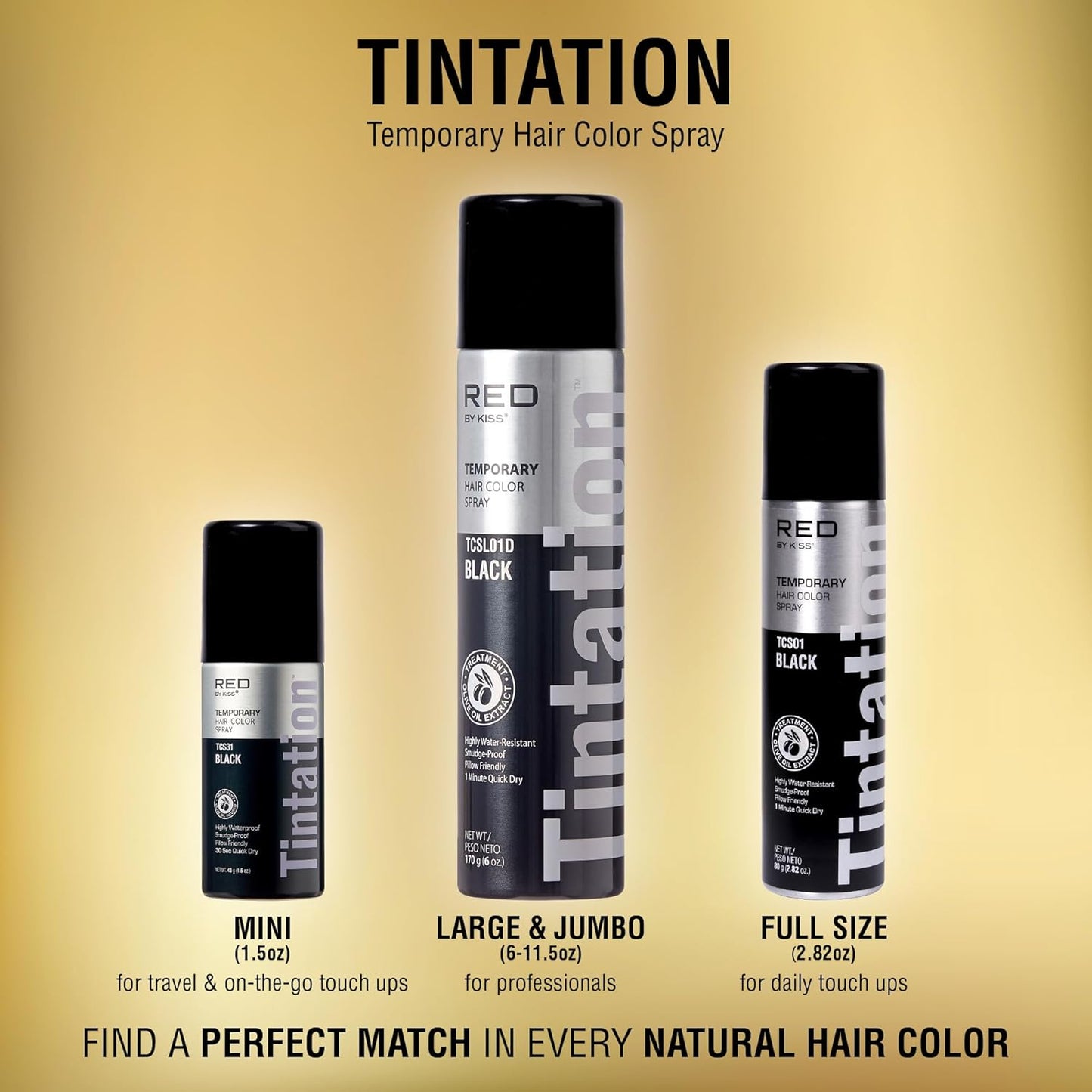 Red by Kiss Tintation Temporary Hair Color Spray, Instant Gray Root Touch Up Coverage, Water-Resistant & Smudge-Proof, Easy Wash Out, Barber & Hairline Touch-Up, Quick-Dry (Jet Black, 2.82 oz)