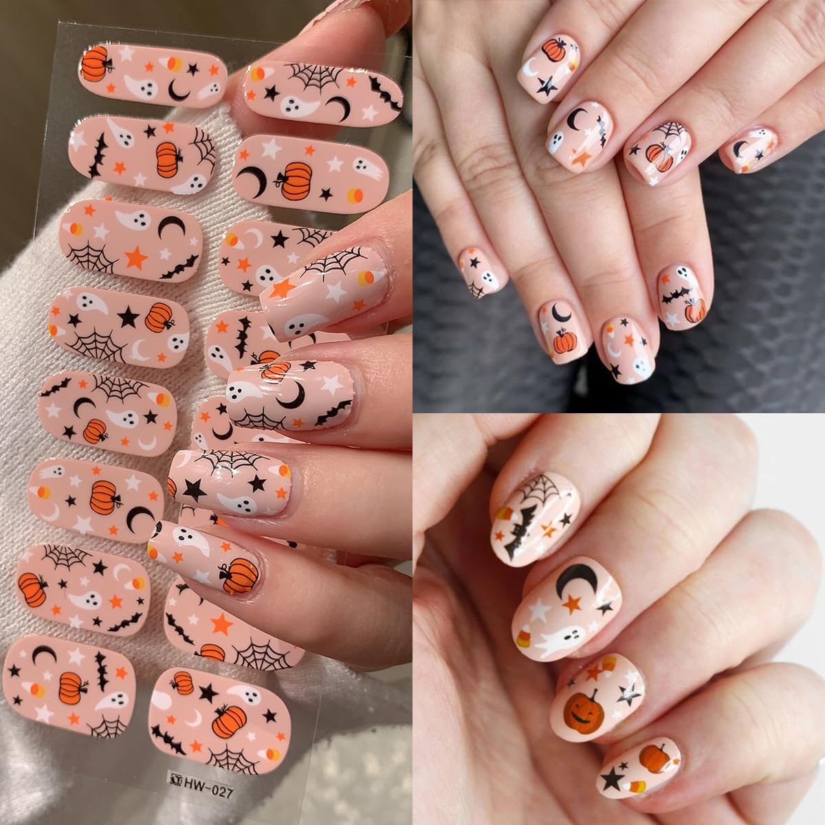 Halloween Ghost Gel Nail Strips - Cute Pumpkin Polish With Orange Black Spider Web, Star Moon Design - Full Wrap Stickers for Women Girl Nail Supplies 4Pcs