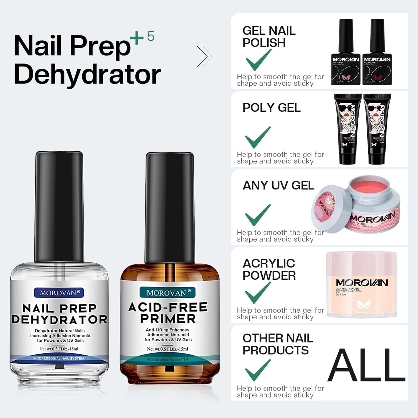 Morovan Nail Prep Dehydrator and Primer, Natural 4 PCS Dehydrator & Acid-Free Bond Primer for Acrylic Powder U V Extension Gel Nail Supplies Set