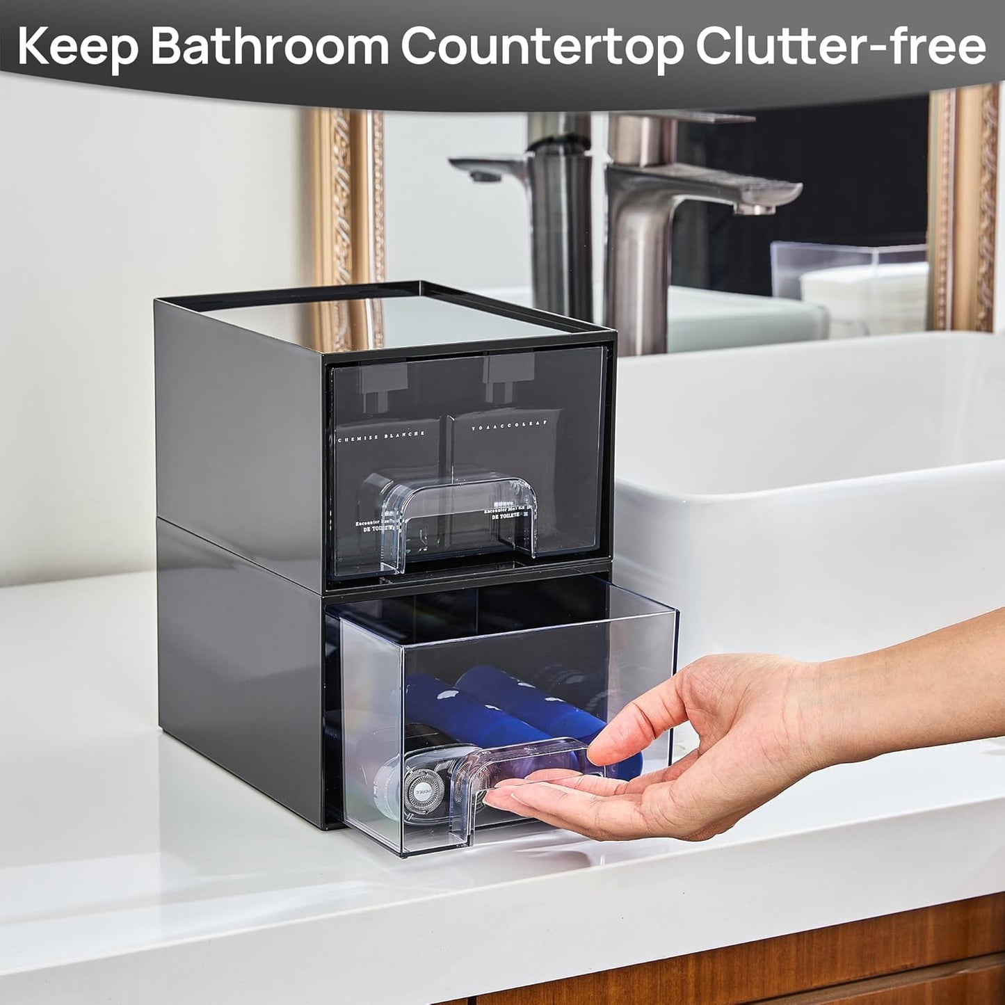 Vtopmart Black Stackable Storage Drawers,4.4‘’ Tall Cologne Organizer for Men,Plastic Containers for Vanity, Dresser,Office Desk,Bathroom Countertop Organization,Ideal for Room Decor,Gifts for Men