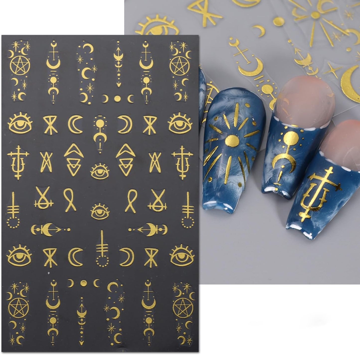 5 Sheets Metallic Gold Nail Art Stickers 3D Self-Adhesive Nails Stickers Bohemian Sun Moon Hexagram 3D Decal Supplies Women DIY Gold Metal Nail Art Decoration