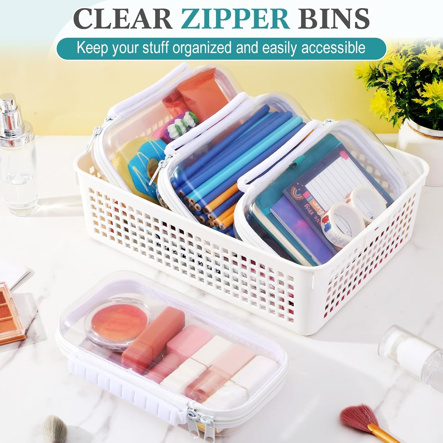 Sanwuta 4 Pcs Clear Hard Zipper Case with Handle Office Storage Cases Hard Plastic Pouches Transparent Bins for Crafts, Pencils, Snacks, Cosmetics, Puzzles(7.5 x 4 x 2 Inches,White)