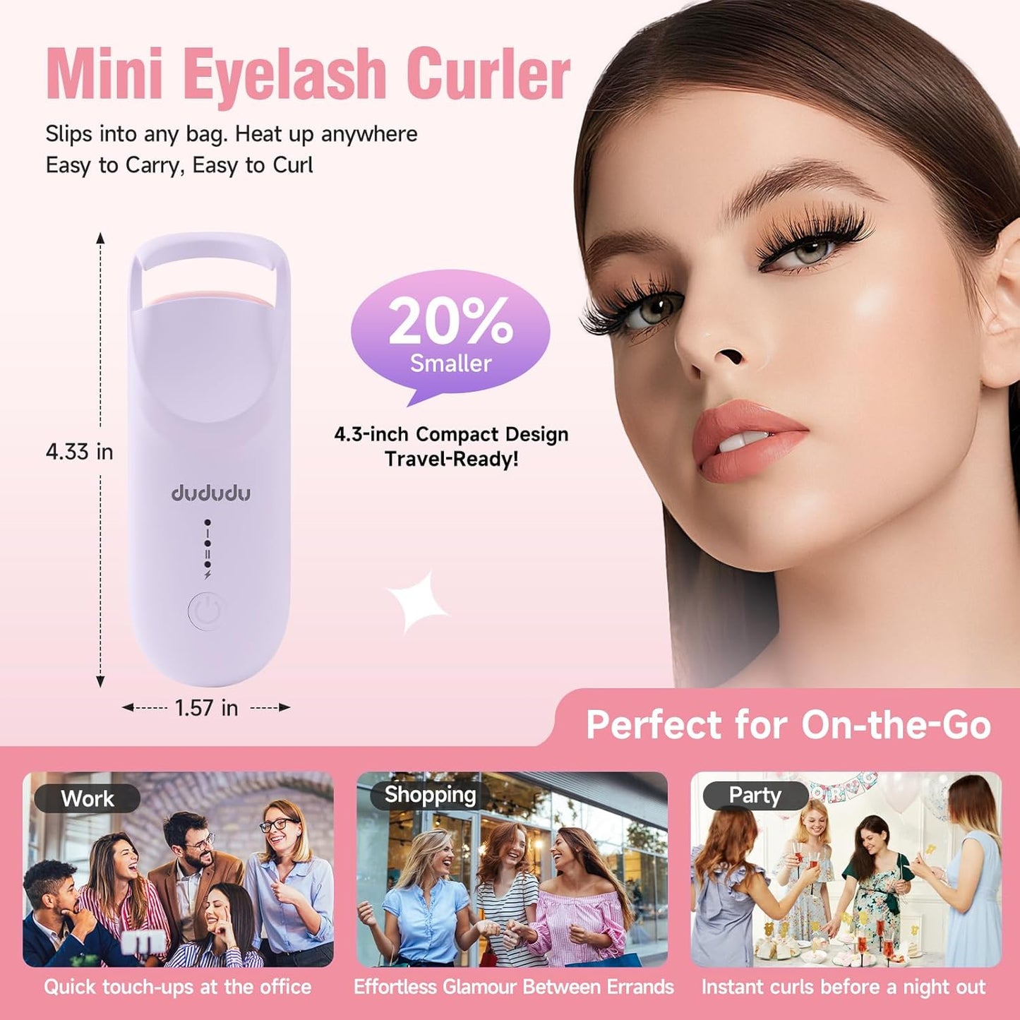 DUDUDU Heated Eyelash Curler, Portable Travel-Size Mini Electric Heated Lash Curler - 2-Level Adjustable Temp & Type-C Recharge, 10S Heat 3S Style 24H Lift for Long-Lasting Natural Effortless Curves