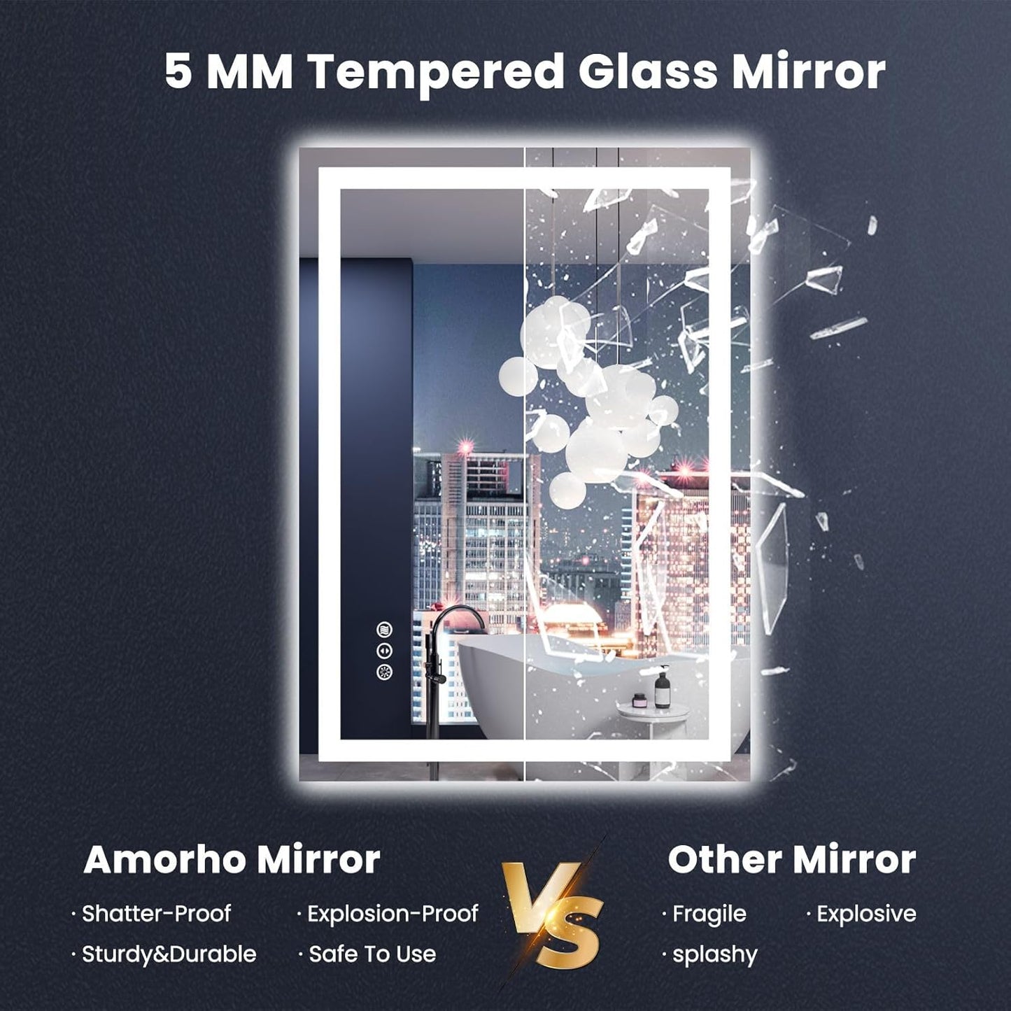 Amorho LED Mirror for Bathroom 24X36 Inch with Backlight and Front Lit, Fogless Mirror for Wall Mounted, Dimmable, 3 Colors, Memory