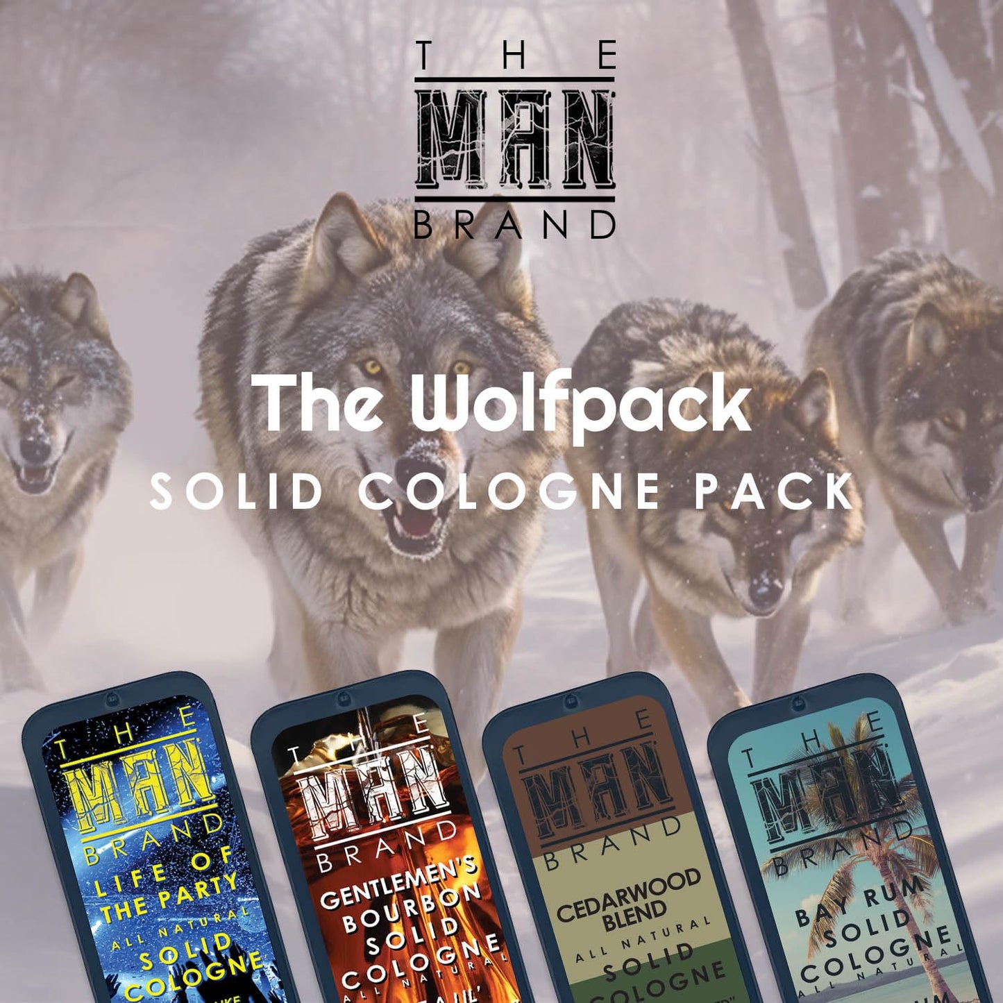 Solid Cologne Set with Bay Rum Solid Cologne, Bourbon Solid Cologne, Woodsman, and Life of the Party Solid Cologne - (Wolfpack Solid Cologne Sampler - 4 Pack - 0.75 oz each)