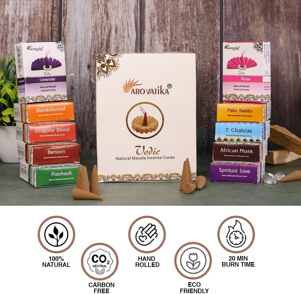 ARO VATIKA Vedic Natural Masala 120 Incense Cones in Pack of 12 Boxes |12 Assorted Fragrances Dhoop Cones | Best for Prayer, Reiki, Meditation and Relaxation | Burn time- 25 Mins