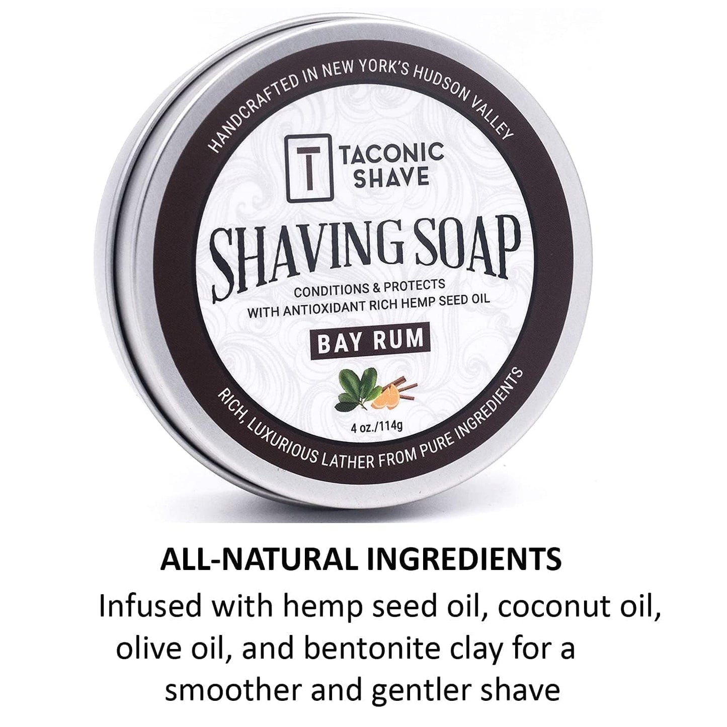 Taconic Shave Bay Rum Scent Shaving Soap – Warm Spiced Aroma – Barbershop Quality Lather Puck with Coconut & Olive Oils – Classic Wet Shave – Made in USA