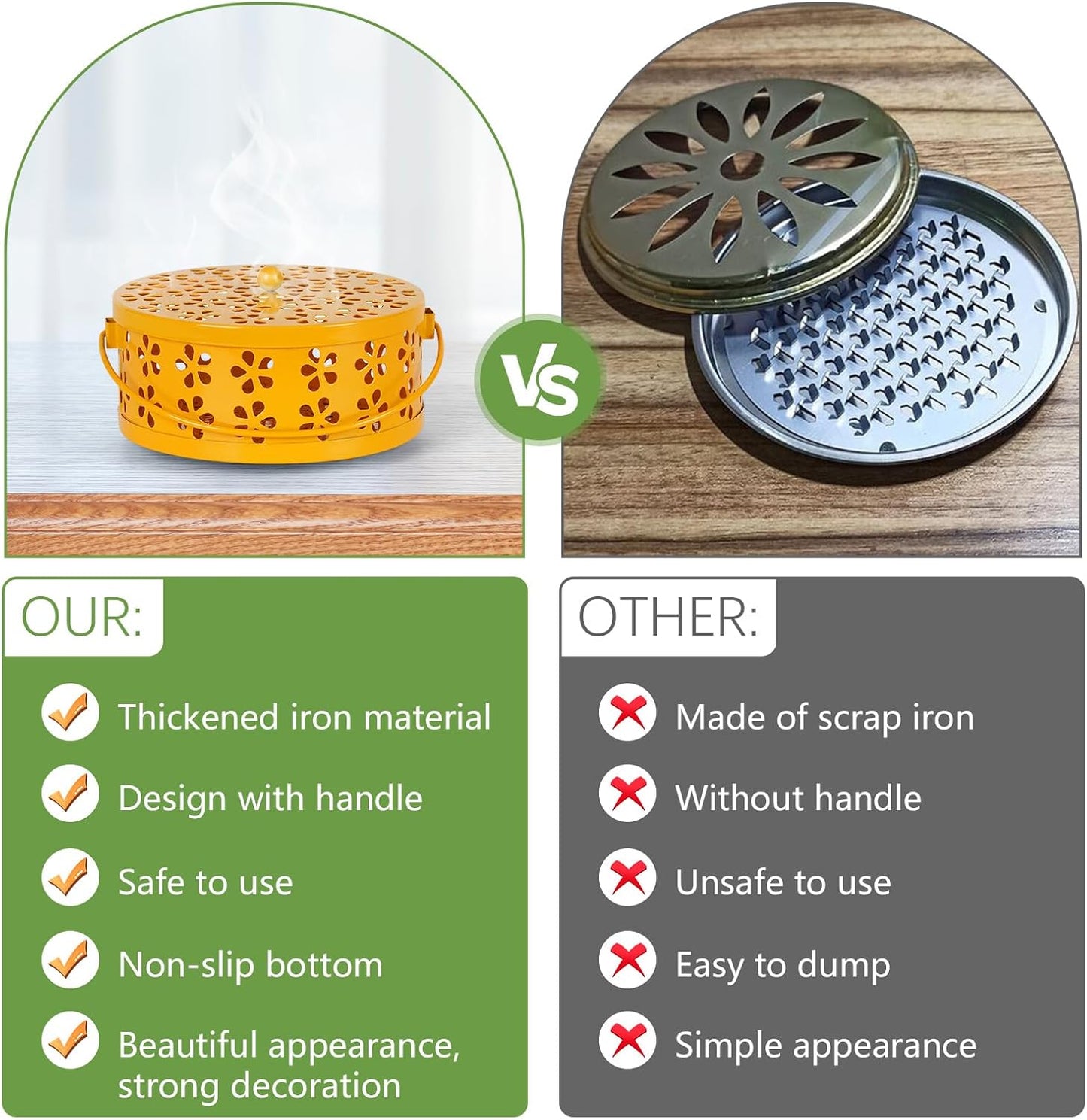 Portable Iron Mosquito Coil Holder with Handle Round Heat-Resistant Incense Holder (Yellow)