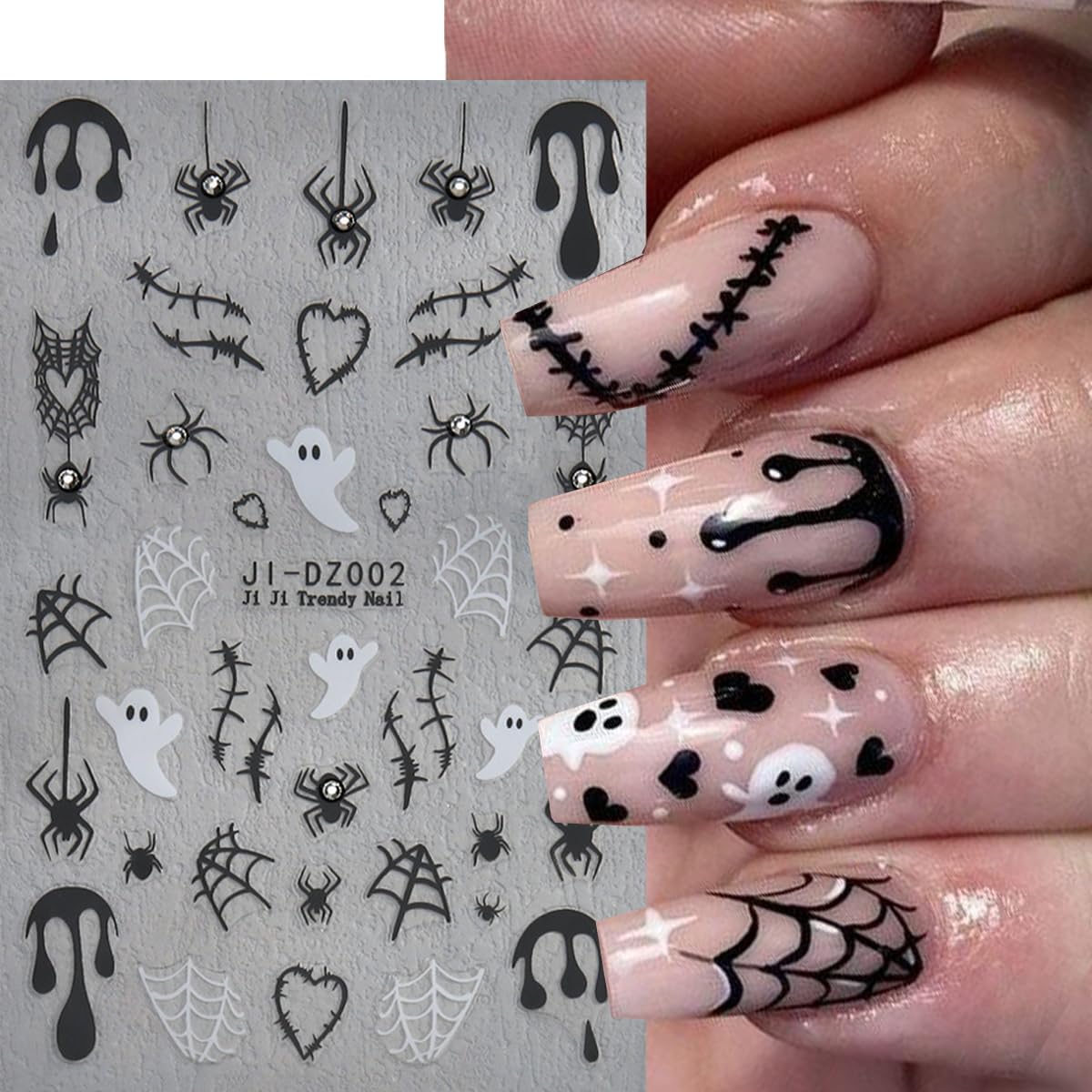 Halloween Nail Stickers Bat Nail Art Stickers Spider Web Nail Decals Gold Star Spider with Rhinestone Design Ghost Nail Sticker for Nail Art Decor Manicure Accessories for Women 6Sheets