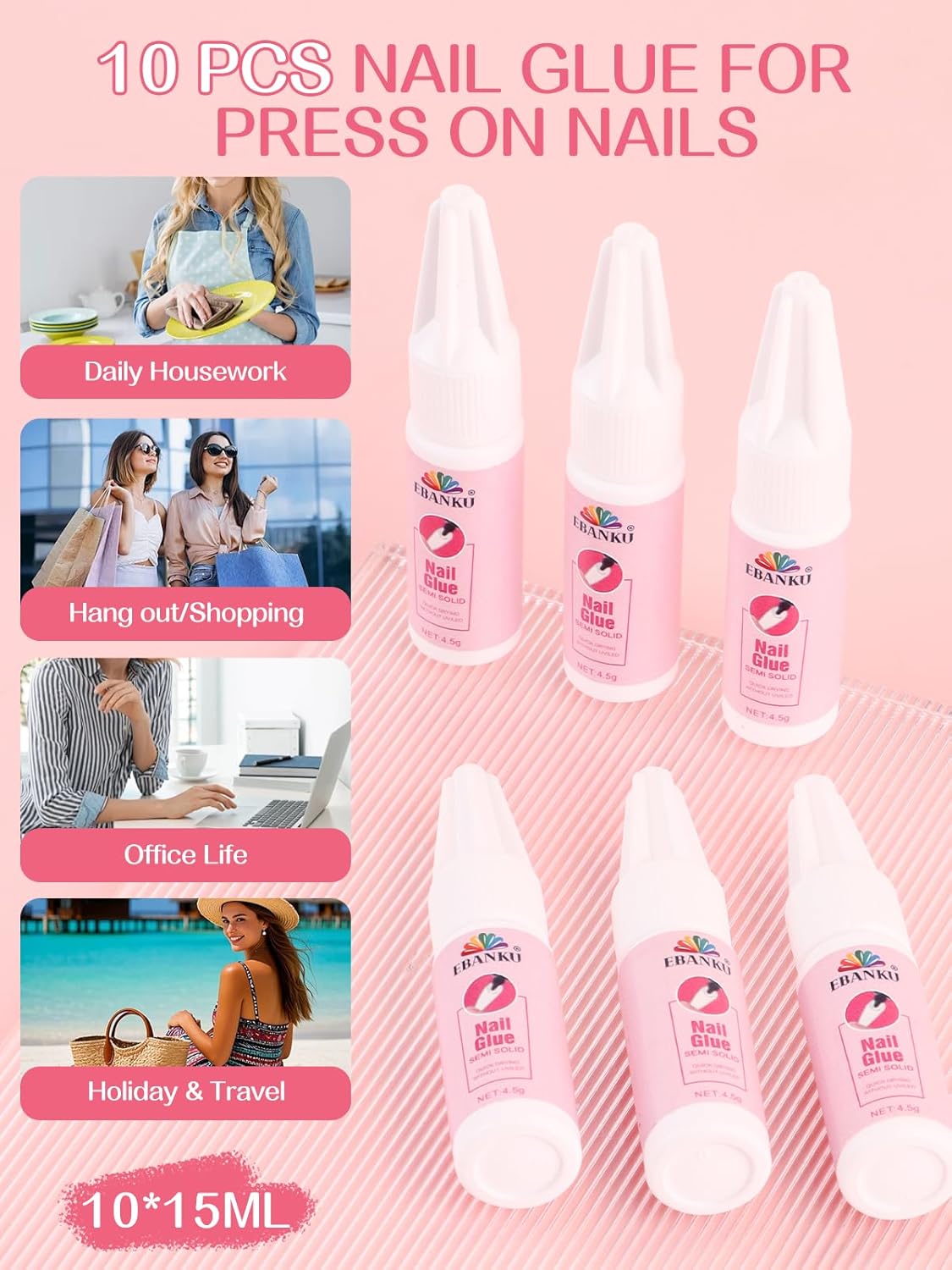 EBANKU Nail Glue Bulk for Press On Nails, 10PCS Super Strong Glue for Fake Nails Professional Adhesive Super Bond Fast Drying Glues Long Lasting No Need for UV Lamp (10 x 15ML)