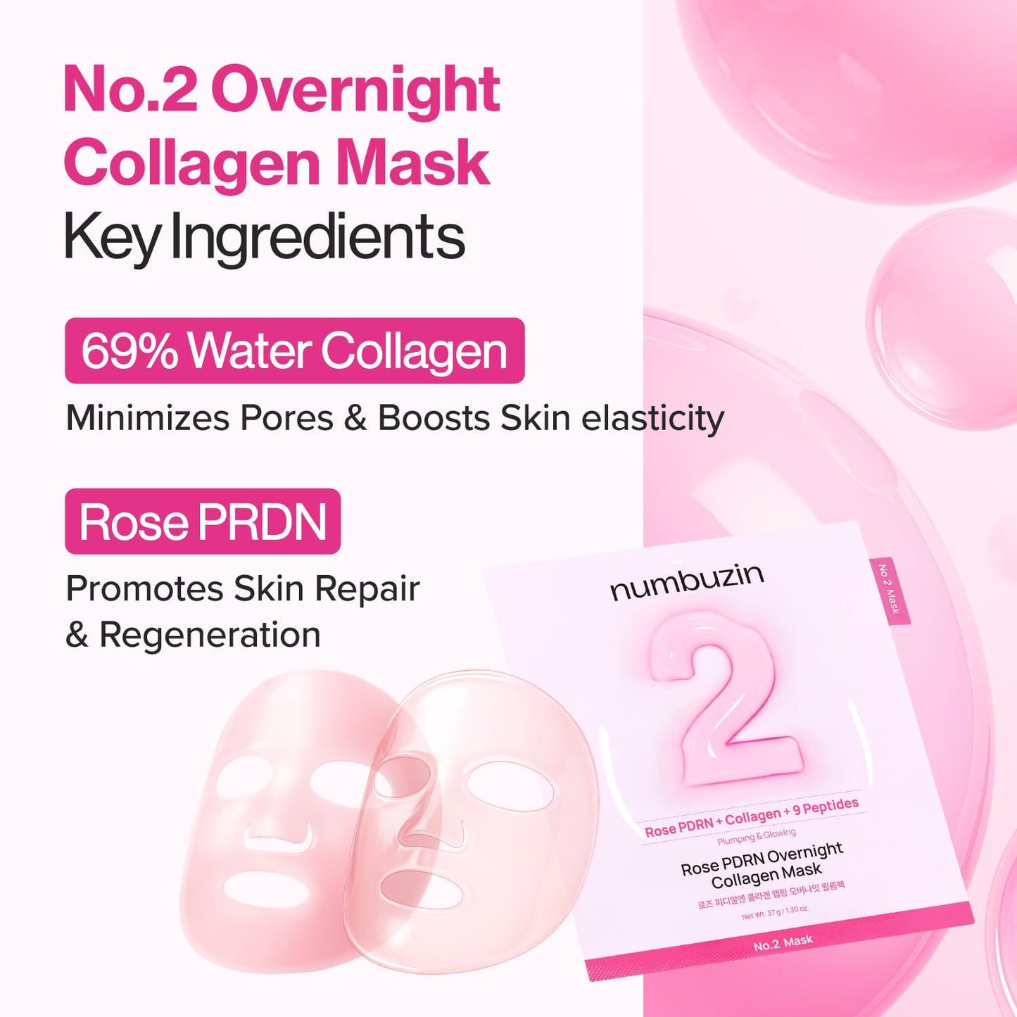 numbuzin No.2 Overnight Face Mask | Rose PDRN Overnight Collagen Mask | Korean Glass Skin Essential