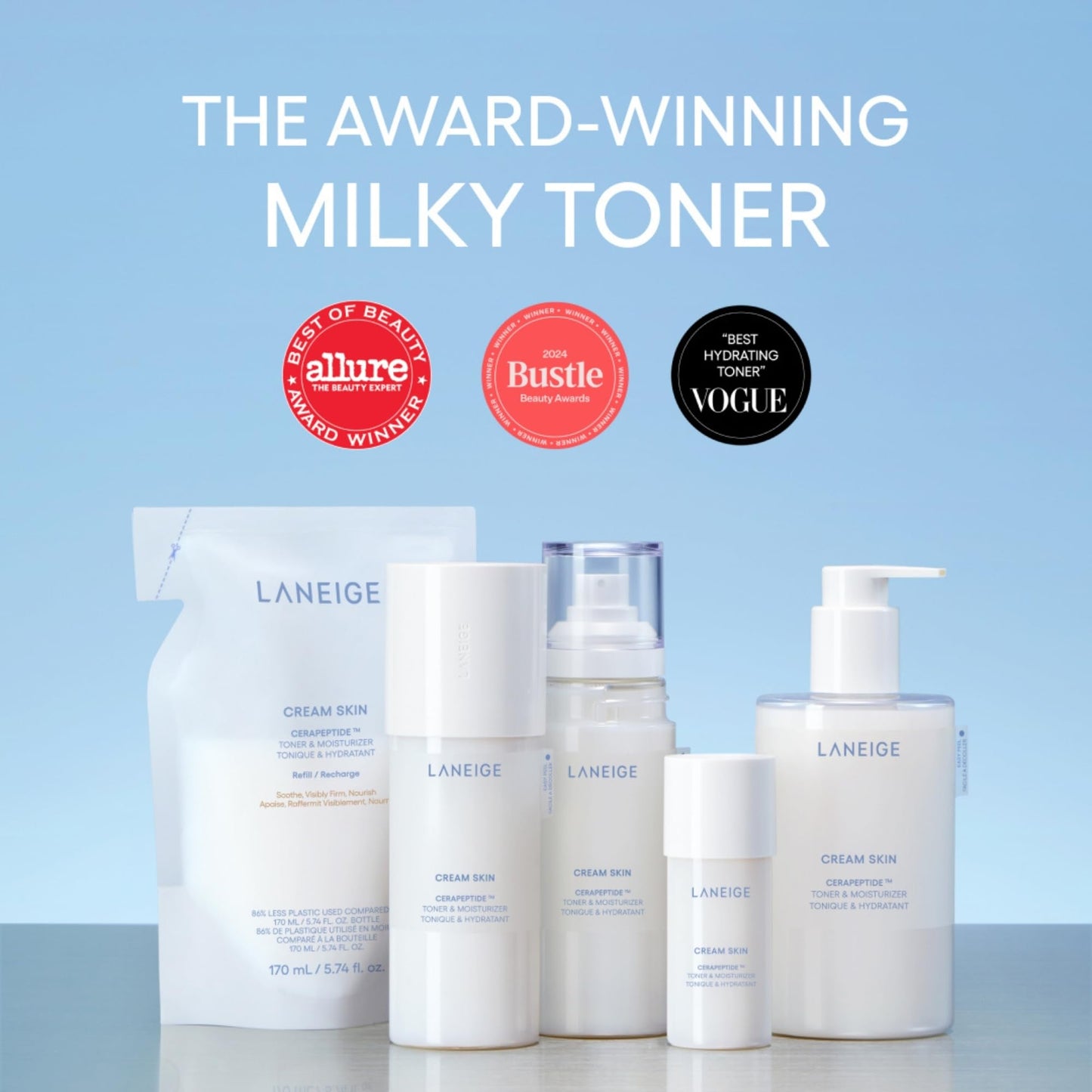LANEIGE Cream Skin Toner & Moisturizer Mini Mist Spray: Lightweight Refillable Korean Milky Toner