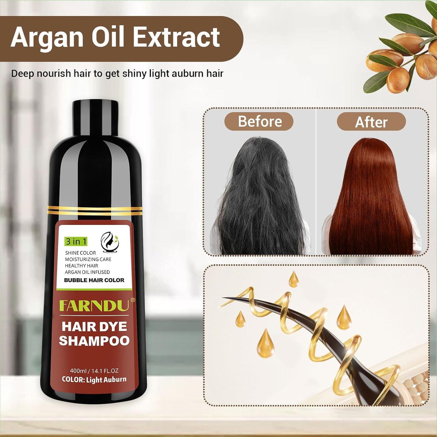 Light Auburn Hair Dye Shampoo for Women Men Gray Hair Coverage and Herbal Ingredients 3 In 1 Hair Color Shampoo