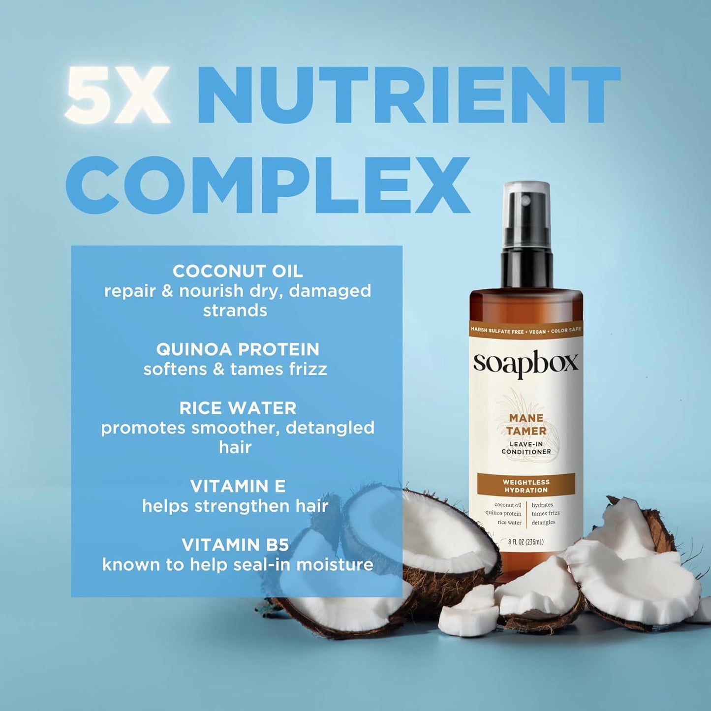 Soapbox Mane Tamer, Leave-In Conditioner Spray to Tame Frizz, Smooth Fly Aways, Hydrate, Add Shine & Detangle Dry, Damaged Hair, Paraben Free, Vegan (8oz)