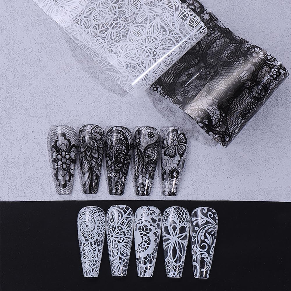 Lace Nail Art Foil Transfer Stickers Black White Flower Foil Transfers Decals Nail Supplies Starry Sky Lace Flowers Nail Foils Nail Art Adhesive Transfer Foils Sticker for Women Girls Manicure Tips