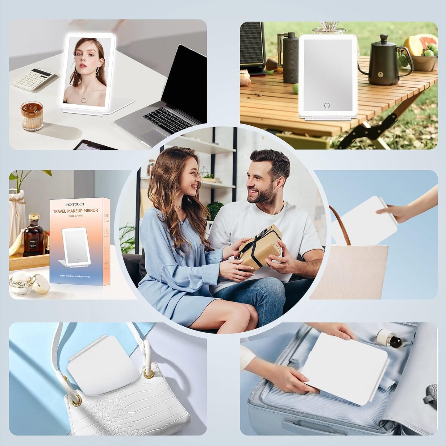 FUNTOUCH Rechargeable Travel Makeup Mirror with 72 Led Lights, Portable Lighted Beauty Mirror, 3 Color Lighting, Dimmable Touch Screen, Tabletop LED Folding Cosmetic Vanity Mirror