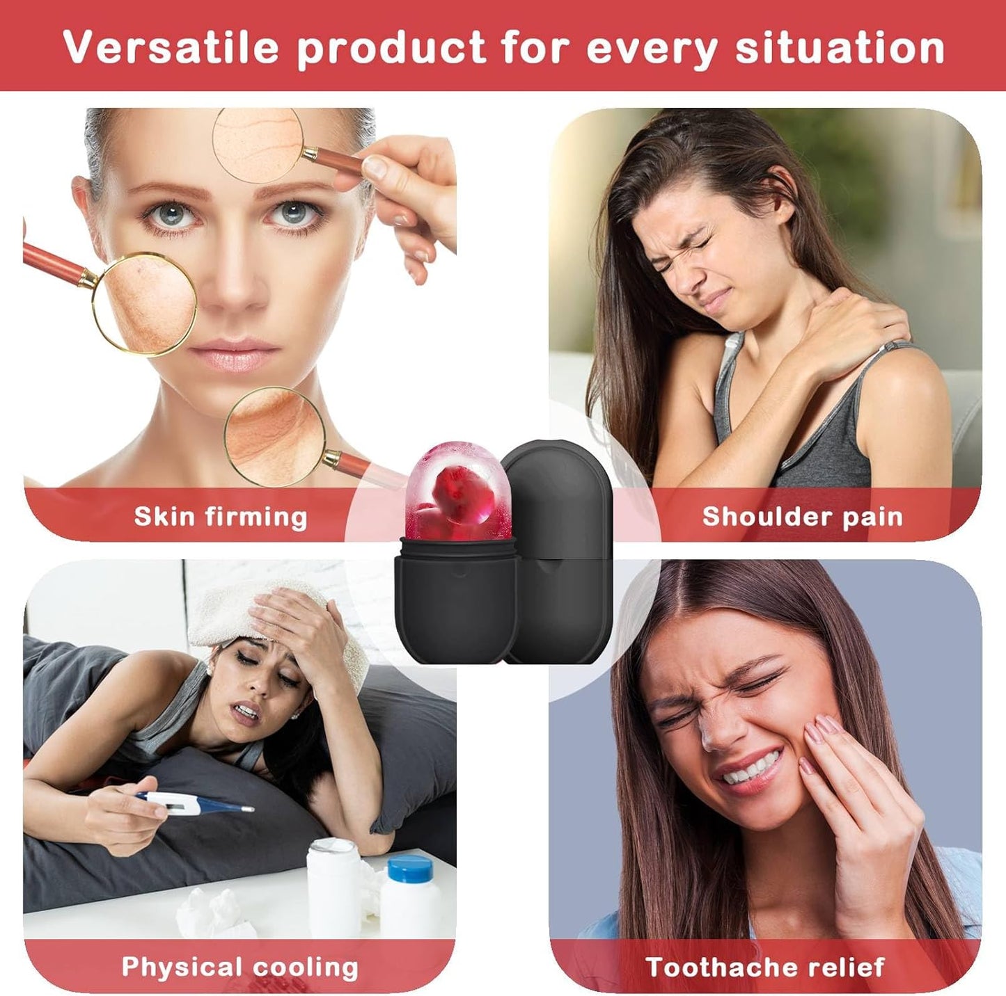 KOGITI Face Ice Roller & Mold - Beauty Facial Massage Tool for Puffiness Relief, Ice Cube Holder (New-Black)