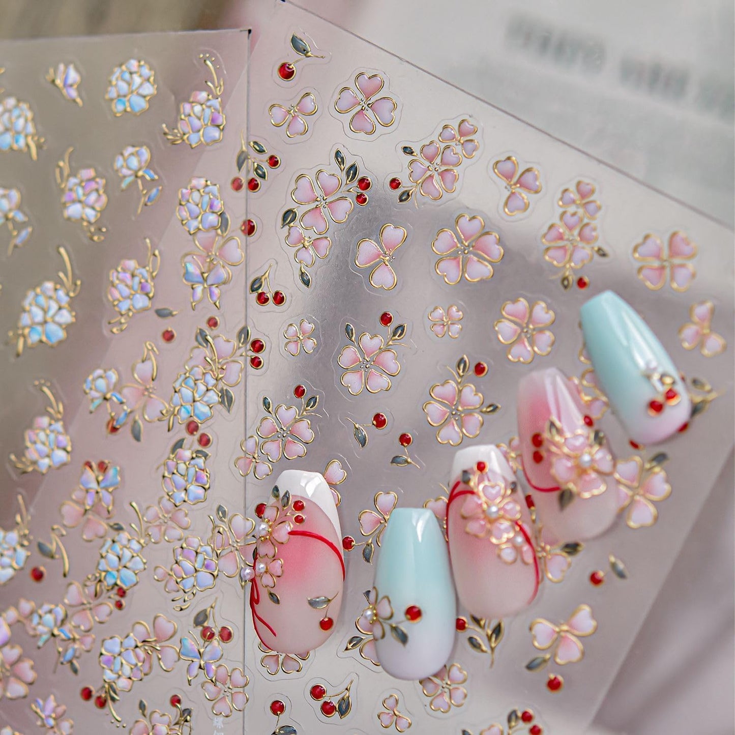 Flower Nail Stickers Pink Nail Art Stickers Jerry Nail Decals with Red Design Floral Nails Art Decals 5D Embossed Self Adhesive Nails Charms for Women Girls Manicure DIY Decoration Accessories