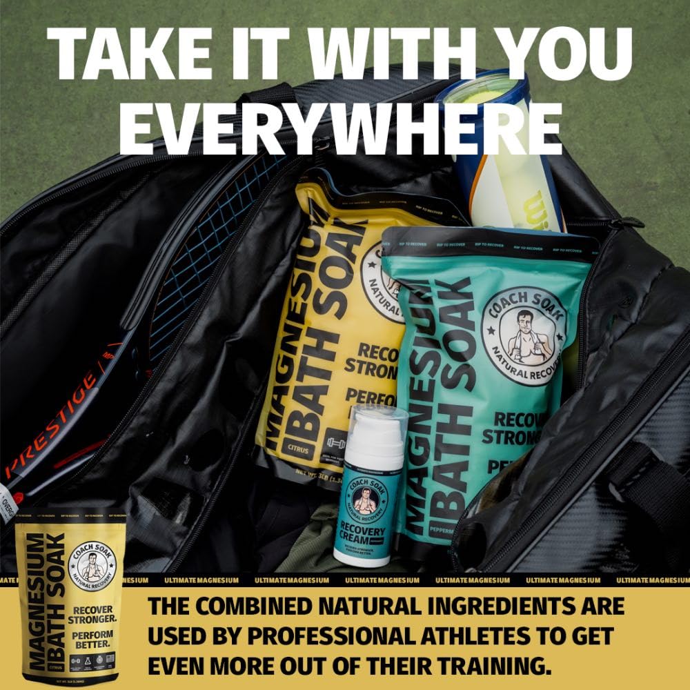 Coach Soak Recovery Bath Soak - Faster Absorption Than Epsom Salt for Pain - Rejuvenating Magnesium Flakes with 21 Minerals, Essential Oils & Bath Salts, 3lbs (Energizing Citrus)