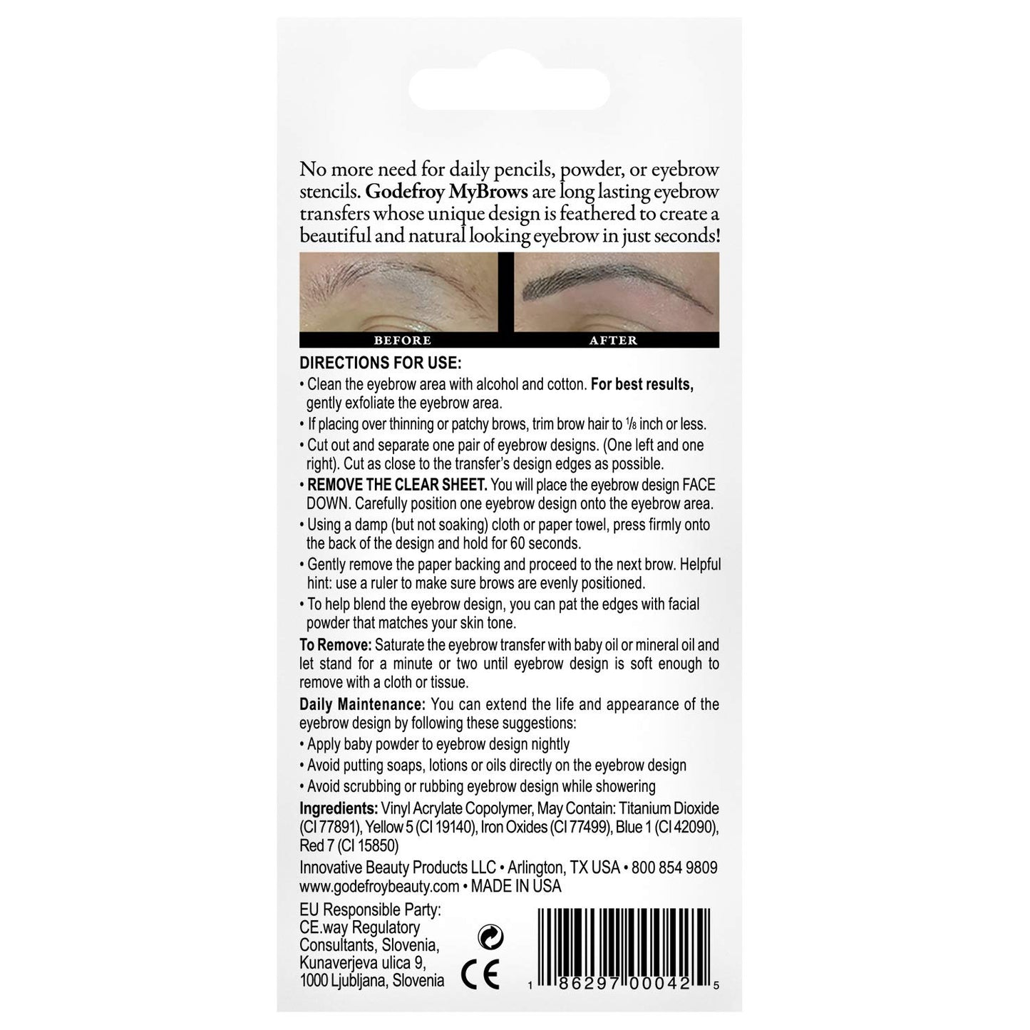 Godefroy MyBrows Long Lasting Eyebrow Transfers, High Arch, Medium Brown, 48-Pairs of Brows (96 Individual transfers)