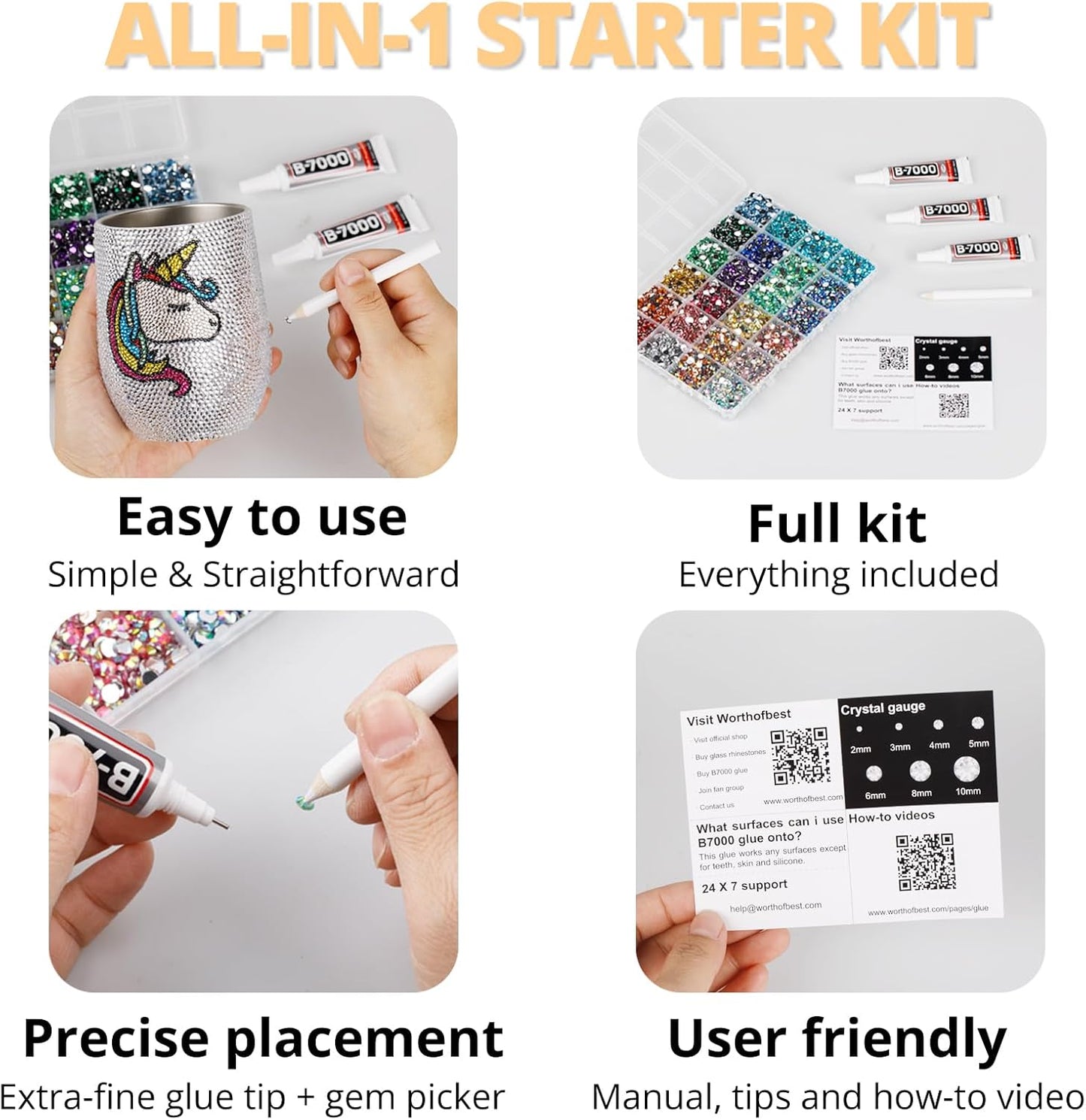 30000Pcs Resin Jelly Rhinestones Set for Crafting Bedazzling, Orange Yellow AB Flatback Gems Jewels for Crafts Clothes Shoes Fabric Outfit Nails Makeup, Flat Back Crystal 2-6mm with b 7000 Glue