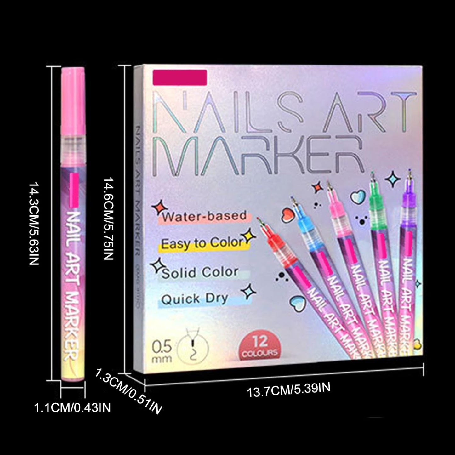 12 Color Nail Art Pens, 0.5MM Nail Art Markers Set, Quick-Dry Waterproof Nail Pens for DIY Painting Nails, Manicure Tools for Beginners & Pros (1 Set)