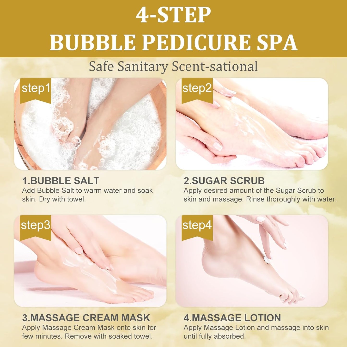Pedicure Kit Foot Soak Set: Bubble Salt, Sugar Scrub, Massage Mask, Massage Lotion in a Box, 4 Step Foot Spa Kit for Dry Feet, Tired Feet(3 Set Honey flower)