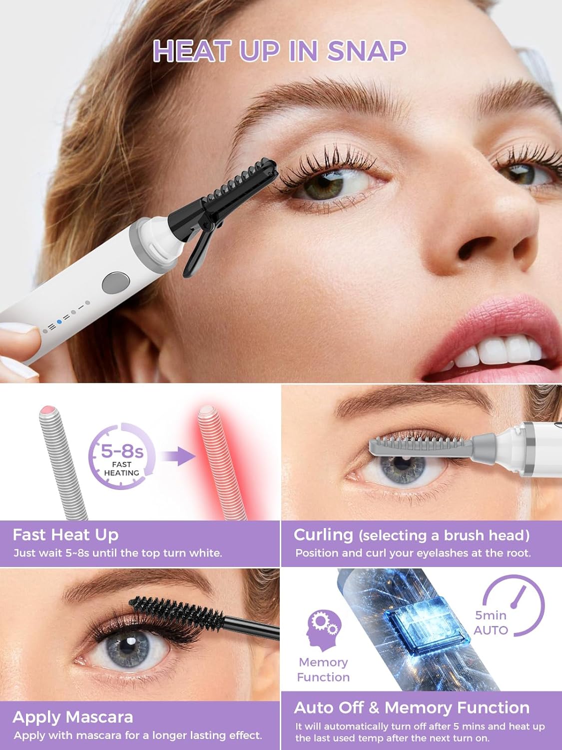 Smiling Shark Heated Eyelash Curler, 2025 New 360ยฐWand-Style Heated Lash Brush Rechargeable with 3 Brush Heads & 3 Temp ใLengthen/Define/Curlerใ 3-in-1 Lash Curler for All Types of Lashes, White