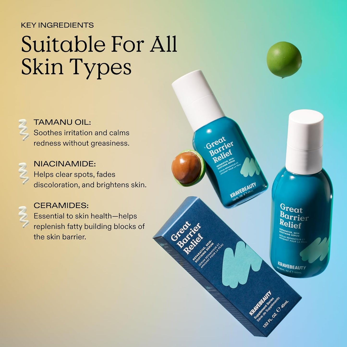 KraveBeauty New Great Barrier Relief, Soothing Skin Barrier Repair Serum, Contains Tamanu Oil to Soothe and Calm Redness, For All Skin Types, Vegan & Cruelty Free, 1.52 fl oz