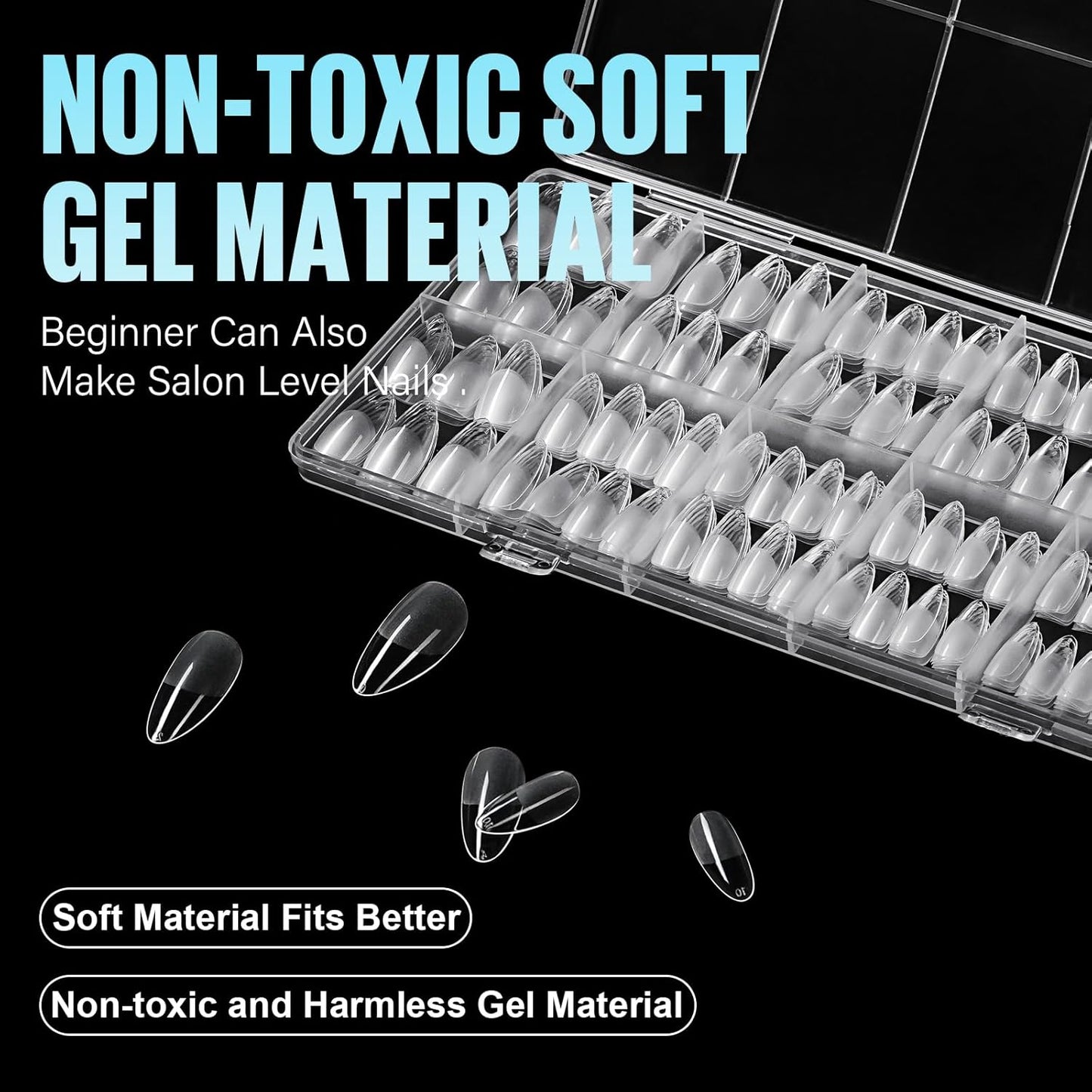 TOMICCA Medium Almond Nail Tips, 504Pcs Soft Acrylic Pre Etched Clear Fake Nails Tips Almond Shape Half Matte, Full Cover Nail Extension for Beginner and Professional 12 Sizes