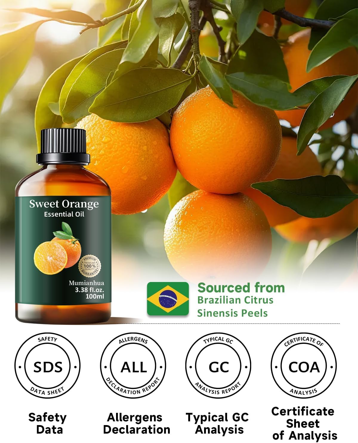 Orange Essential Oil Pure,Mumianhua Natural Sweet Orange Oil for Diffuser, Humidifier, Air Purifier, Skin,Home, Soap, Candle Making, Room Spray, Cleaning 3.38Fl Oz