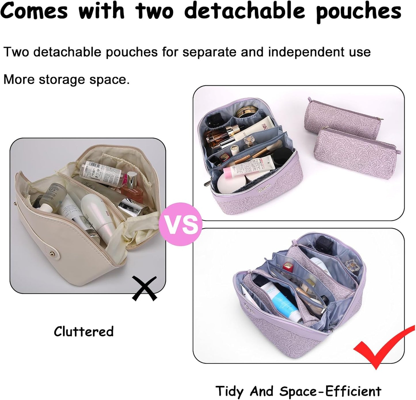 BOYATU Travel Makeup Bags for Women: Vegan Leather Cosmetic Bag Set of 3 - Large Capacity Make up Bag with Divider - Wide Open Waterproof Toiletry Organizer Bag with Handle (L12-Violet)