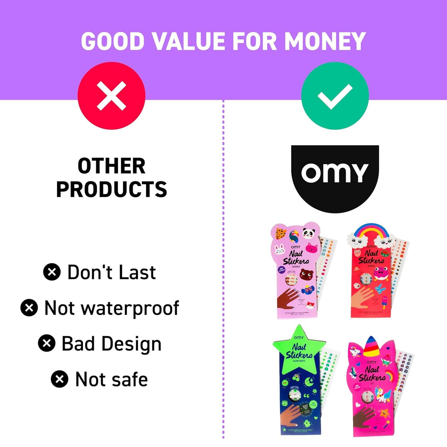 Omy Friends & Animals Nail Stickers for Kids - 200 Stickers, Waterproof, Durable, Fun, Creative Designs | Strong Enough to Last Through Hand Washing - Easy to Apply, Safe, Non-Toxic | Age 3 and Up