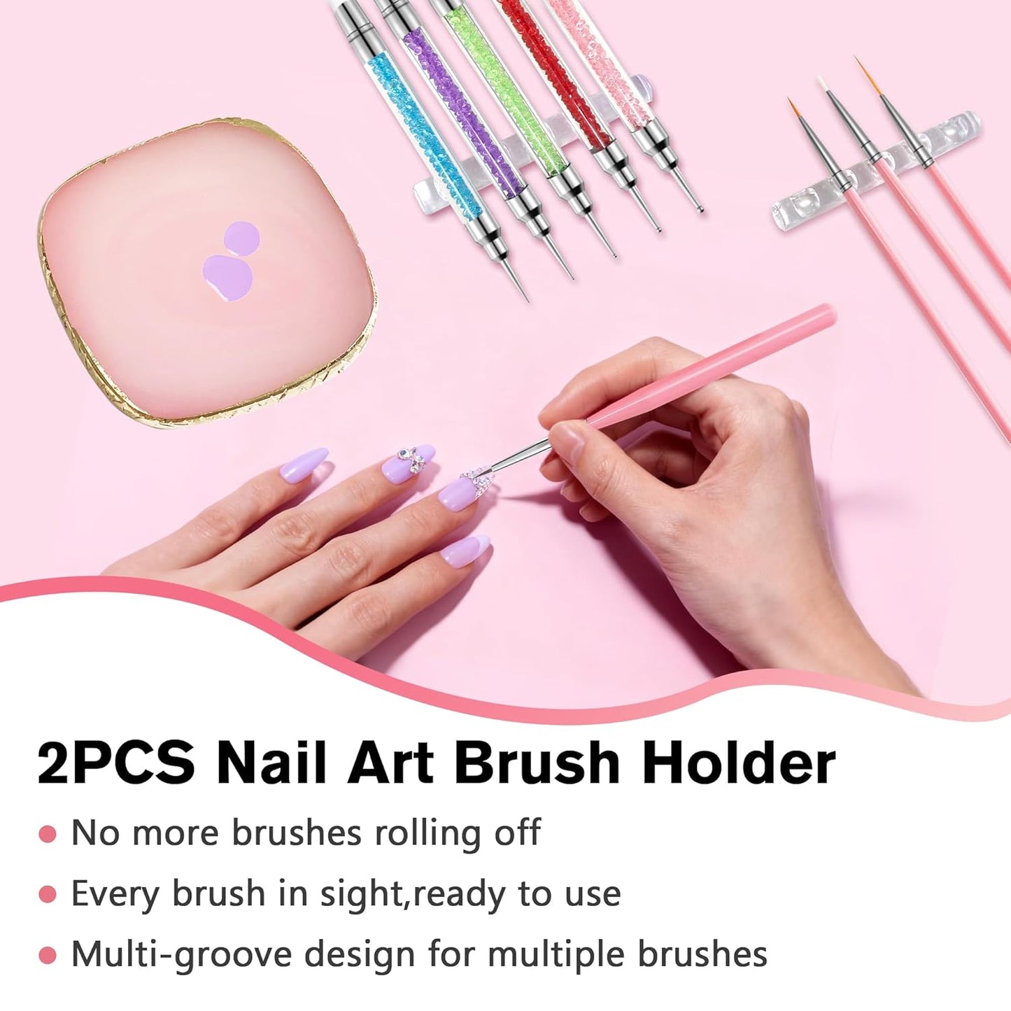 Nail Art Brushes, 23Pcs Set Nail Art Tools, including 2 Way Nail Art Sculpture Pen Dotting Pen Tools, Nail Art Brushes with Nail Brush Brackets, Resin Nail Art Palette for Nail Art DIY Tools (Pink)