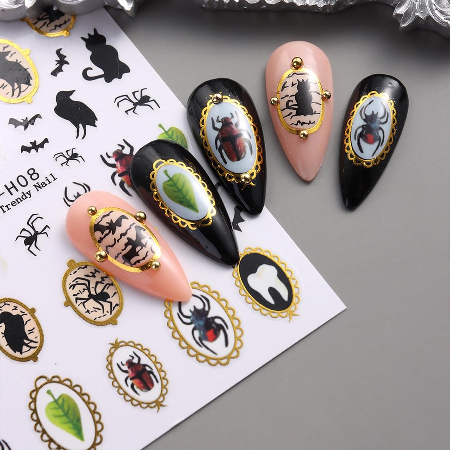 Retro Halloween Nail Art Stickers Decals Pumpkin Spider Nails Sticker 5D Embossed Spider Ghost Nails Decal Self-Adhesive Halloween Nail Decor for Women (4 Sheets)